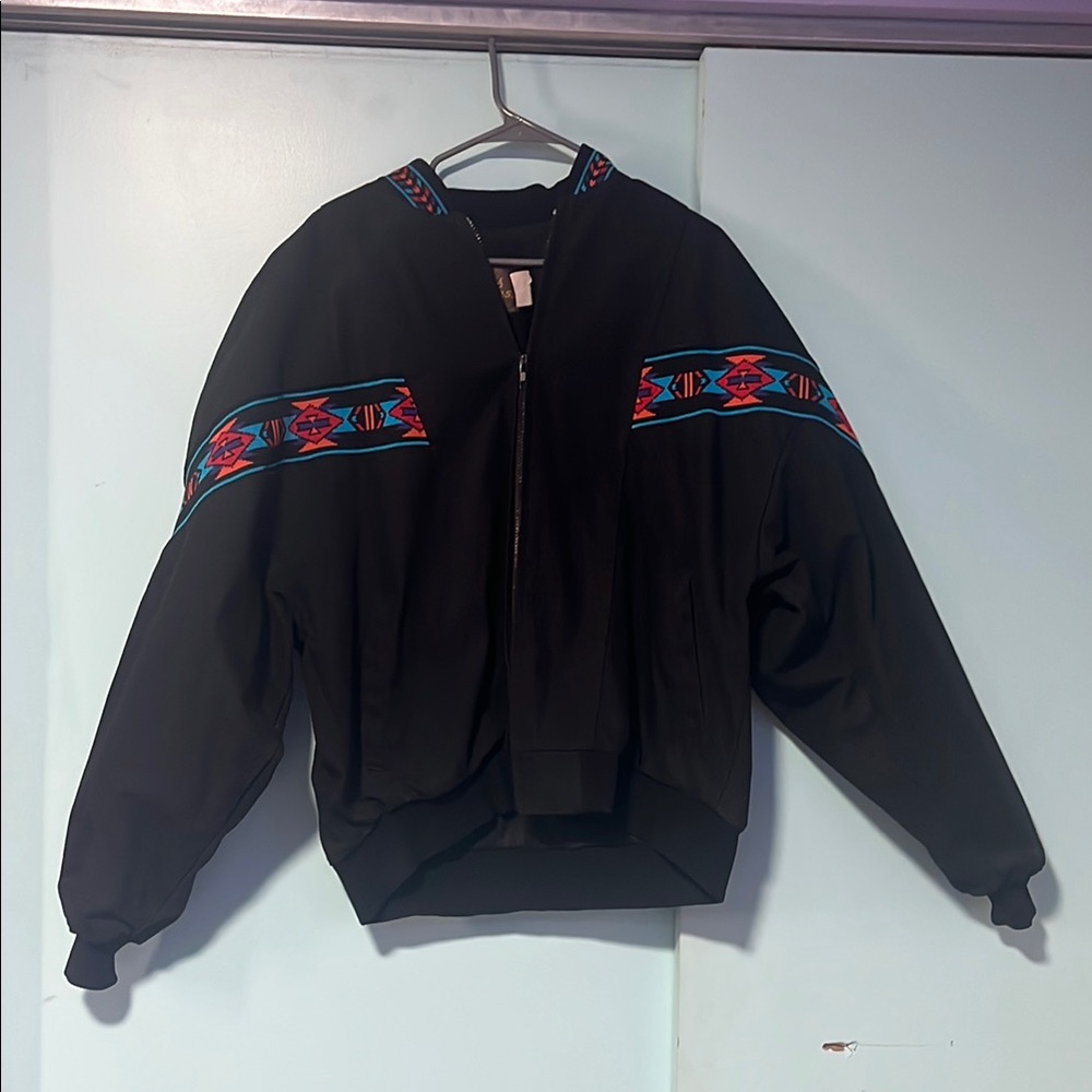 Black and Red Puffer Jacket with Geometric Pattern